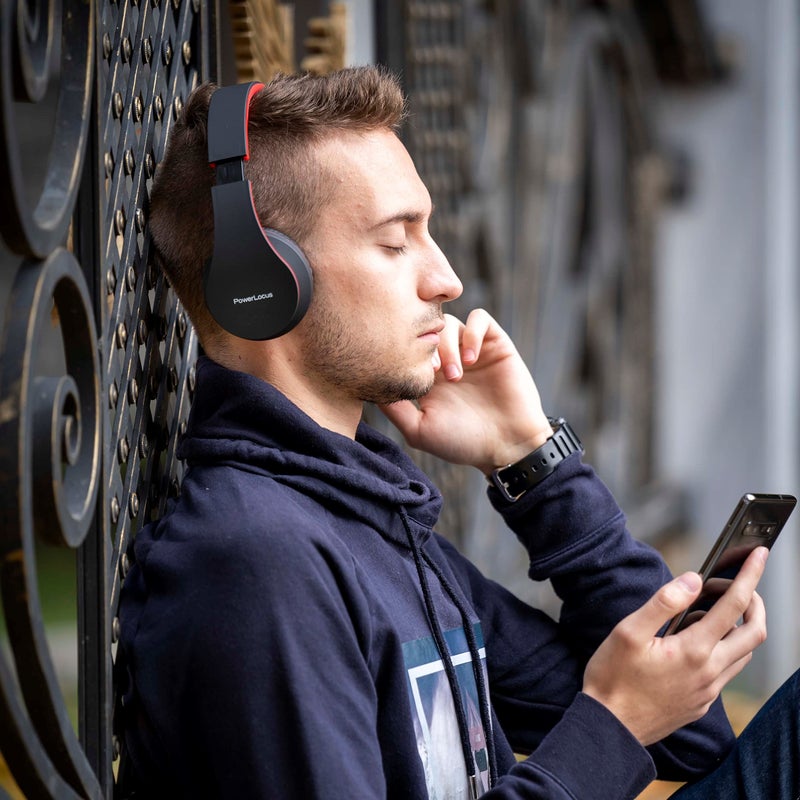 PowerLocus Wireless Bluetooth Over-Ear Stereo Foldable Headphones, Wired Headsets Rechargeable with Built-in Microphone for iPhone, Samsung, LG, iPad (Black/Red) - Image 3